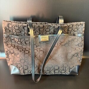Calvin Klein Monogram Logo Brown Jacquard Canvas Tote Bag Womens Large